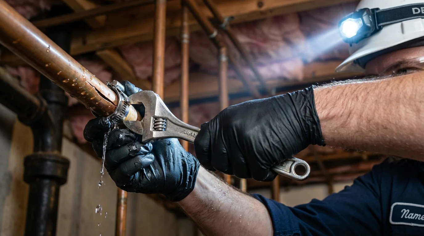 Emergency pipe clamp repair being performed by a Johns Plumbing LLC plumber in Forrest City