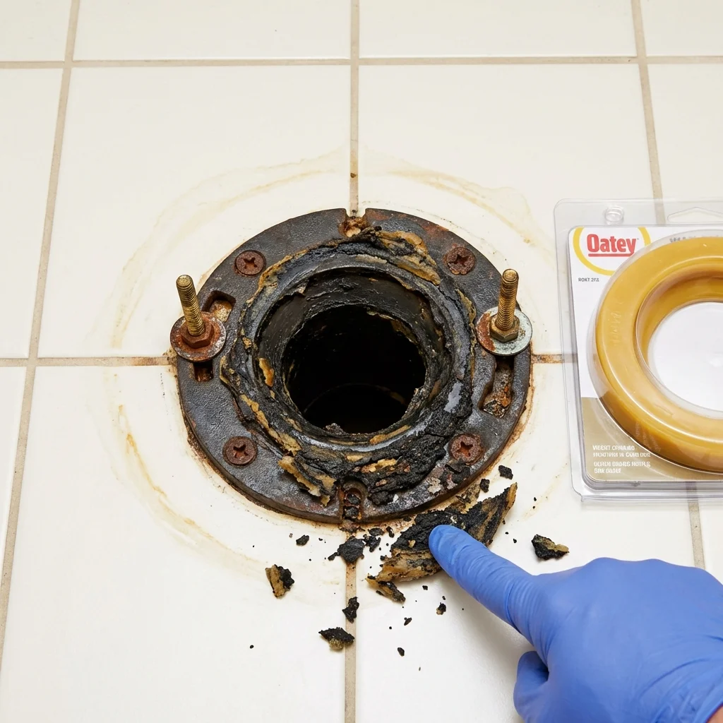 Failed wax ring showing water seepage at the base of a toilet in a Forrest City, AR home