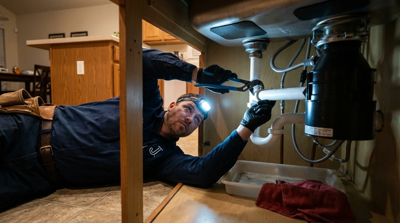 P-trap and supply line connections under a kitchen sink showing a common leak point in Forrest City, AR